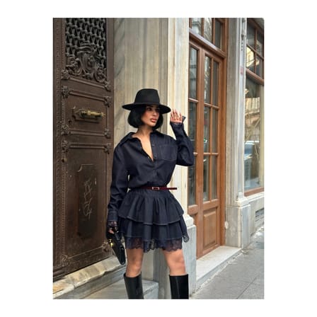 Kadın Lacivert Denim Fırfırlı Mini Elbise