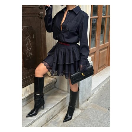Kadın Lacivert Denim Fırfırlı Mini Elbise