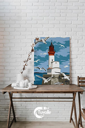 Deniz Fenerinde Rüzgar Sayılarla Boyama Seti, Hobi Seti, 40X50 Tablo, Fırça Boya, Numaralı Tuval