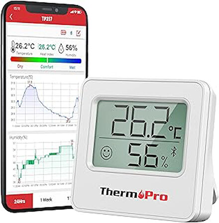 TP357 260FT Bluetooth Higrometre, Uzaktan Sıcaklık ve Nem Monitörü ve Akıllı APP ile, Maksimum ve Min Kayıtlı Sıcaklık ve Nem Sensörü Ölçer, Gümüş