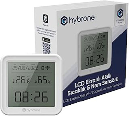 Hybrone Akıllı Wi-Fi LCD Ekranlı Sıcaklık ve Nem Sensörü, Gerçek Zamanlı Sıcaklık ve Nem Verileri, Uygulama Üzerinden Anında Bildirim