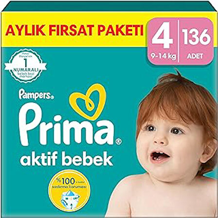 Prima Aktif Bebek, Bebek Bezi 4 Numara, 136 Adet Aylık Fırsat Paketi
