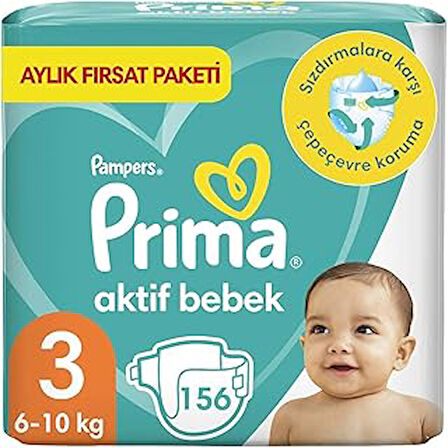 Prima Aktif Bebek, Bebek Bezi 3 Numara, 156 Adet Aylık Fırsat Paketi