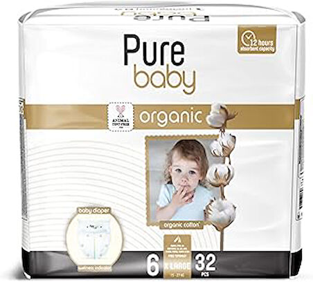 Pure Baby Organik Pamuklu Cırtlı Bez Tekli Paket 6 Numara Xlarge 32 Adet