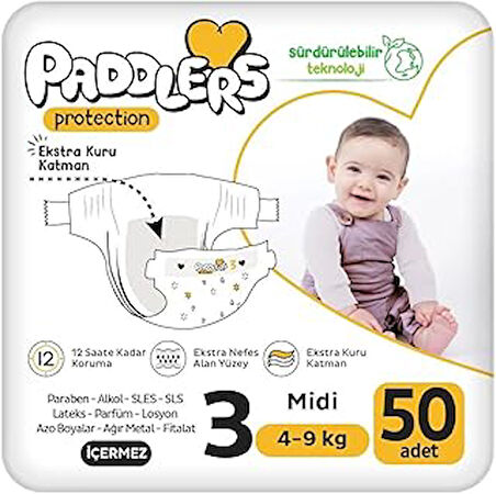 Paddlers Protection Bebek Bezi 3 Numara Midi 50 Adet (4-9 Kg) Jumbo Paket