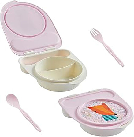 Flybee Gezgin Çocuk Taşınabilir Beslenme Kabı, Bebek Mama Kabı, Çatal & Kaşık Seti - Tilki (Pembe Ti