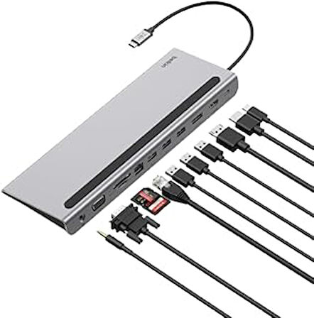 USB-C Hub, 11'i 1 arada Çoklu Bağlantı Noktalı Adaptör Yuvası, 4K HDMI, DisplayPort, VGA, USB-C ve 100W, Bağlı Cihazdan Şarj Etmek İçin, 3x USB A, Gigabit Ethernet, SD, MicroSD, 3,5 mm Jak
