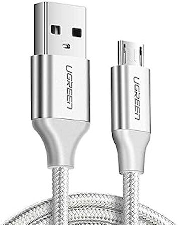 Ugreen Örgülü Micro-USB & USB-A Data ve Şarj Kablosu, 1.5 Metre, Beyaz