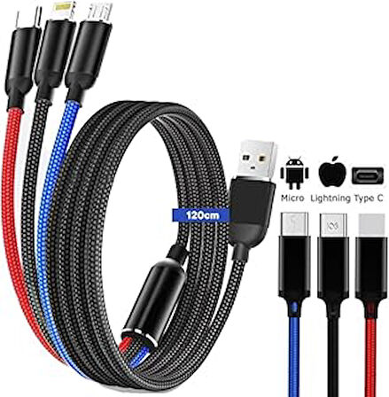 UYGUN ELEKTRONİK Hızlı Şarj ve Data Aktarım Kablosu, 60W - 3A USB A, Type C , Micro USB, Lightning Uyumlu 3 ü 1 Arada Çoklu Kablo