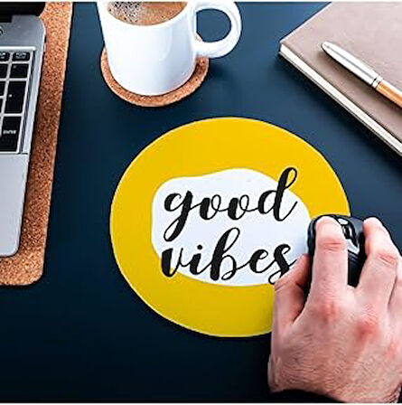 Hediyesepeti Good Vibes Tasarımlı Yuvarlak Mouse Pad - Mouse Altlığı - Mousepad - Mouse Pad - Fare A