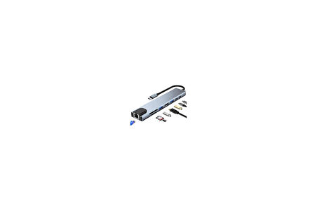 8in1 USB Type-C Hub Port Adaptör HDMI USB Ethernet PD Girişli, Gri