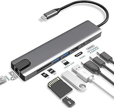 Macbook Pro Air İçin Usb Type-C Hub Dönüştürücü 8 In 1 Çoklayıcı - Hdmi, 2 Adet Usb 3.0, 2 Adet Usb