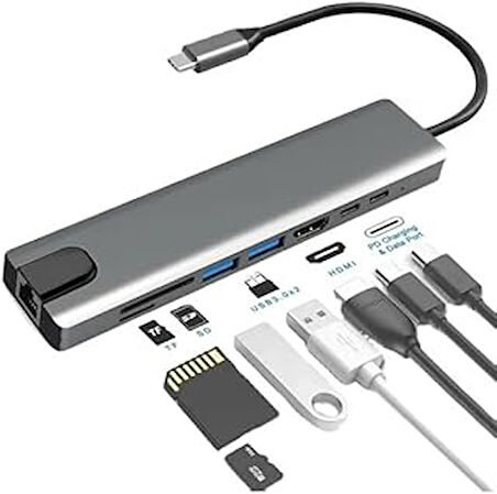 Babilden 8In1 Type-C 4K Hdmi Micro Sd Tf 2Xusb3.0 2Xtype-C Hub Çevirici (8In1 Type-C-4K Hdmi)