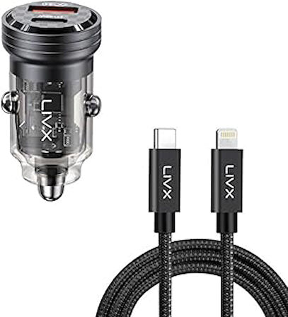 Livx Transparent 45W Pd/Qc Mini Araç Şarj Cihazı Ve 1 Metre Iphone Hızlı Şarj Kablosu L35 - Blt-00