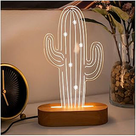 Çöl Kaktüsü Tasarımlı 3D Led Lamba Usb Bağlantılı Sarı Işık