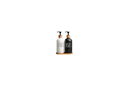 2’li Hands Dishes Siyah Beyaz Dekoratif Mutfak Banyo Sıvı Cam Sabunluk Seti 500ml Stantlı Set