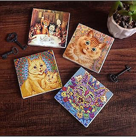 Pinecone Louis Wain Kediler Taş Bardak Altlığı Seti - 4 Parça - Dekoratif, Rustik Mutfak Aksesuarı, 10x10 cm, Kaydırmaz Tabanlı, Şık ve Dayanıklı SC213