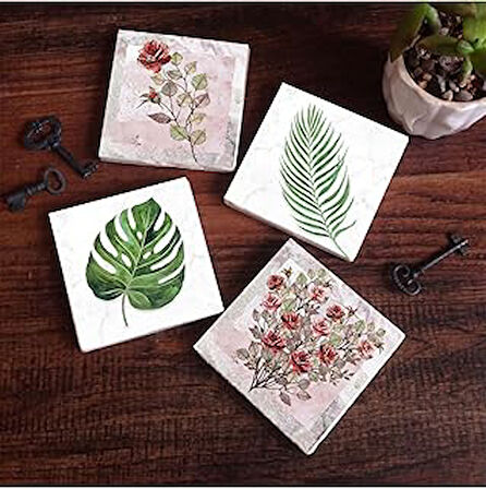 Pinecone Gül Çiçek, Yaprak Taş Bardak Altlığı Seti - 4 Parça - Dekoratif, Rustik Mutfak Aksesuarı, 10x10 cm, Kaydırmaz Tabanlı, Şık ve Dayanıklı SC351