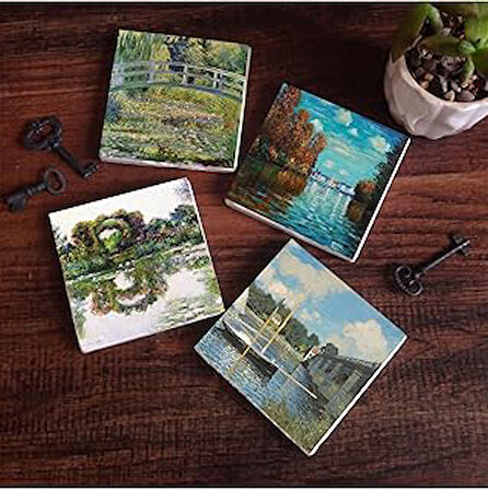 Pinecone Claude Monet Sonbahar, Gül Çiçekli Kemer, Argenteuil'de Köprü, Nilüfer Gölü Taş Bardak Altlığı Seti - 4 Parça - Dekoratif, Rustik Mutfak Aksesuarı, 10x10 cm, Kaydırmaz Tabanlı SC533