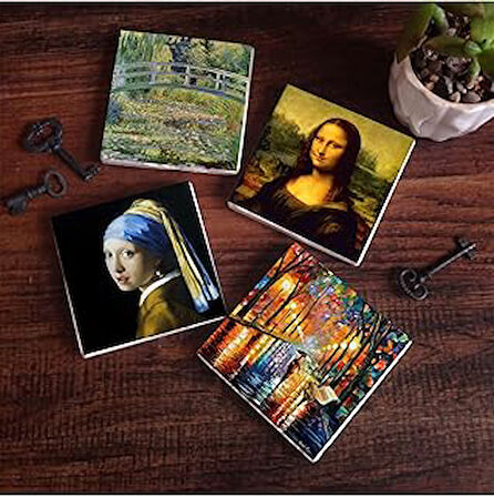 Pinecone İnci Küpeli Kız, Fenerler, Monet Nilüfer Gölü, Da Vinci Mona Lisa Taş Bardak Altlığı Seti - 4 Parça - Dekoratif, Rustik Mutfak Aksesuarı, 10x10 cm, Kaydırmaz Tabanlı, Şık ve Dayanıklı SC196