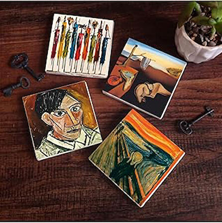 Pinecone Salvador Dalí Belleğin Azmi, Picasso Otoportre, Çığlık, Yerli Kadınlar Taş Bardak Altlığı Seti - 4 Parça - Dekoratif, Rustik Mutfak Aksesuarı, 10x10 cm, Kaydırmaz Tabanlı SC324