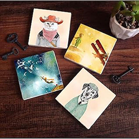 Pinecone Küçük Prens, Köpek, Taş Bardak Altlığı Seti - 4 Parça - Dekoratif, Rustik Mutfak Aksesuarı, 10x10 cm, Kaydırmaz Tabanlı, Şık ve Dayanıklı SC288