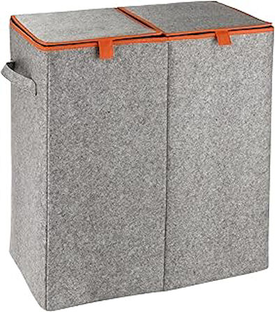 Wenko Keçe Duo Çamaşır Sepeti, 2 Bölmeli Ve Katlanır Kapaklı, Tekstil, Gri/Turuncu, 2 Kammern