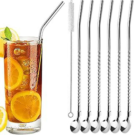 Aee® 7'Li Paslanmaz Çelik Kaşıklı Metal Pipet Seti 6 Adet Pipet Ve Pipet Temizleme Fırçası Cam Pipet