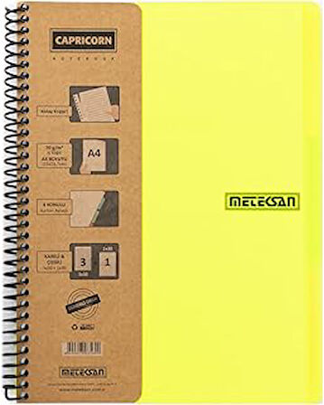 Meteksan Capricorn Neon Serisi, A4, 6 Konulu (3 Kareli, 3 Çizgili) 180 Yaprak Pp Kapaklı Spiralli De