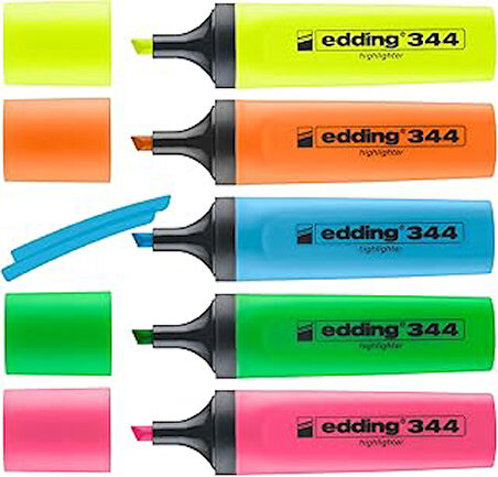 Edding 344 fosforlu kalem seti - sarı, turuncu, mavi, pembe, yeşil - 5 fosforlu kalem - 2-5 mm kesik uç