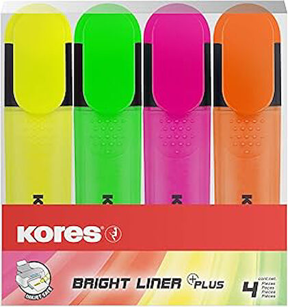 Kores Tm36140 Işaret Kalemlerine 4'Lü Set Bright Liner, Sarı/Yeşil/Turuncu/Pembe