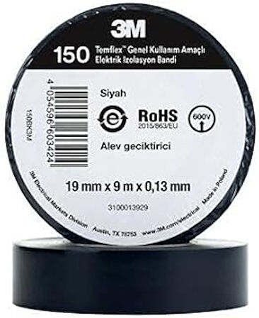 PrimeX Plus PX-3MPZ 3M Siyah 3M İzole Bant , Yüksek Isıya Dayanaklı izole Bant 10lu Paket