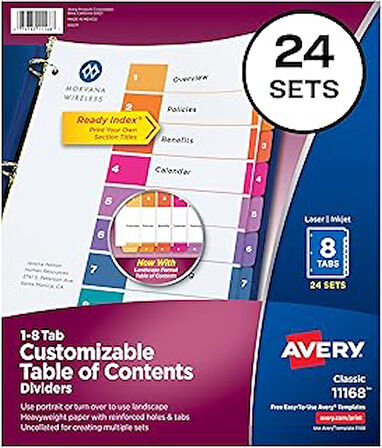 Avery 8 Sekmeli Bölücüler, 3 Halkalı Bağlayıcı İçindekiler Özelleştirilebilir Tablo, Çok Renkli Sekmeler, 24 Set