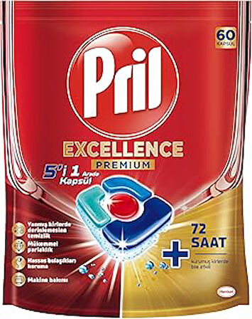 Pril Excellence 5'I 1 Arada Bulaşık Makinesi Deterjanı, 60 Kapsül