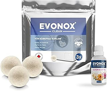 Evonox Clean 3 Adet Çamaşır Yün Keçe Kurutma Topu + 30Ml Esans Koku Hediye - Doğal Ve Çevre Dostu