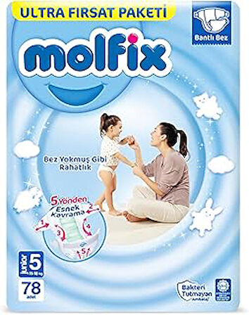 Molfix Bebek Bezi 3D Junior 5 Beden Aylık Paket 78 Adet, Beyaz