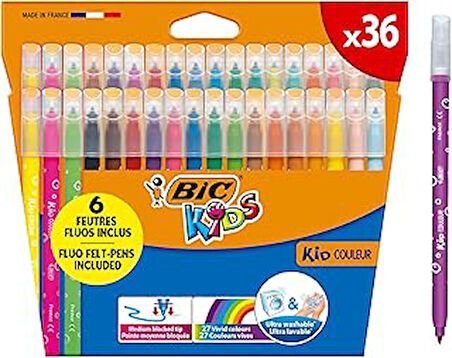 BIC Kids Kid Couleur Ultra Yıkanabilir Keçeli Boya Kalemi 36'lı Kutu, Kolayca Çoğu Kumaştan Çıkar, Su Bazlı Keçeli Kalem