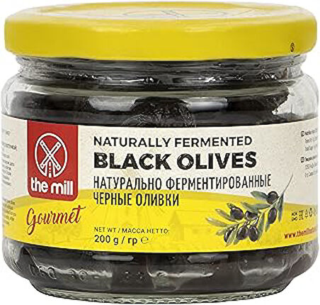 The Mill Gurme Doğal Fermente Siyah Zeytin 200 g Cam Kavanoz - Çekirdekli - Kuzey Ege Bölgesi Zeytinleri - Doğal Olarak İşlenmiş - Tek Orjinli - Veganlara Uygun - Etli - Lezzetli