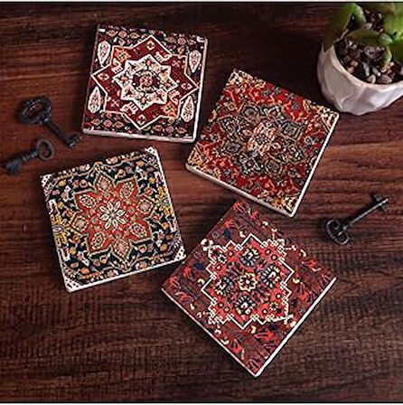 Pinecone Desen Taş Bardak Altlığı Masaüstü Koruyucu Altlık 4 Parça Set 10x10cm Stone Coasters SC170