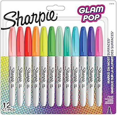 Sharpie Glam Pop kalıcı markörler, kalın ayrıntılar için ince nokta, çeşitli canlı renkler | 12 keçeli kalem