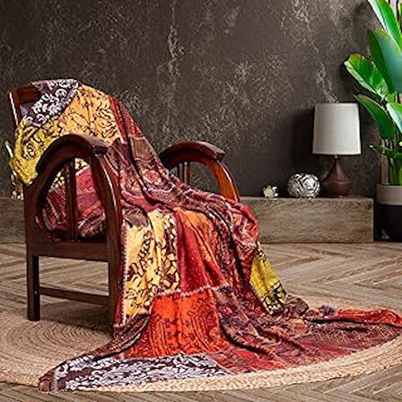 LATUDA CONCEPT SoftMicro Koltuk Örtüsü | Çekyat Örtüsü | Koltuk Şalı | Etnik Desenli Boho Patchwork Kaymaz | Kiremit 130x180 cm