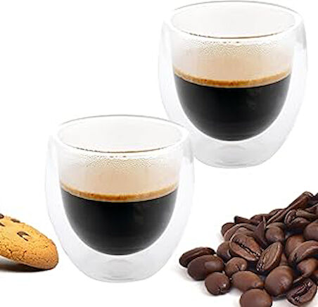 2 Adet Çift Cidarlı İki Katmanlı Borosilikat Cam Bardak, Yalıtımlı Cappuccino Latte Kahve Kupası, Şık ve Dayanıklı Tasarım, Isıya Dayanıklı,Termisil Kupa