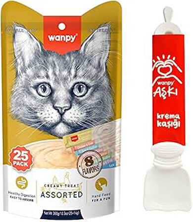 Wanpy Karışık 8 Lezzetli Krema Kedi Ödülü 25 * 14 gr + Wanpy Krema Kaşığı