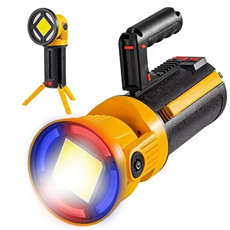 MX-W5164-3 Kırmızı Mavi Çakarlı COB Ledli Şarjlı Kamp El Feneri Işıldak