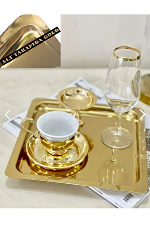 6 Adet Parlak Gold Altın Paslanmaz Çelik Kahve Servis Sunum Tepsi (21X21Cm)
