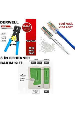 Yeni Nesil Pense + Ez Rj45 Delikli 100 lü + Jak Test Cihazı + Ethernet İnternet 3 in 1 Bakım Seti