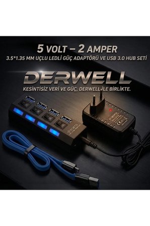3.5*1.35MM Uçlu Ledli Güç Adaptörü - 4 Port 3.0 Usb Hub Seti Anahtarlı Kesintisiz Hız 5 Gpbs