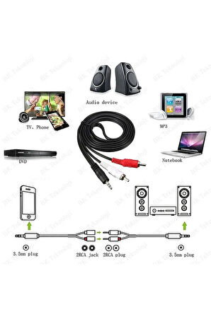 1.5 Metre 3.5mm 2rca Jak Kablosu Stereo Splitter Aux Profesyonel Av Kablosu Dvd Tv Cd Ses Kablosu