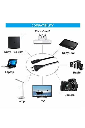 Power Güç Elektrik Kablosu C7 (ps4/ps3/ps2/teyp- Laptop Adaptör-ışıldak ) 2 Pinli 1.5 Metre Siyah