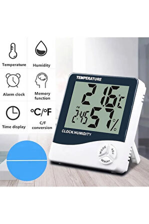 Masaüstü Dijital Göstergeli Termometre Nem Ve Isı Ölçer Saat Thermometer Hygrometer